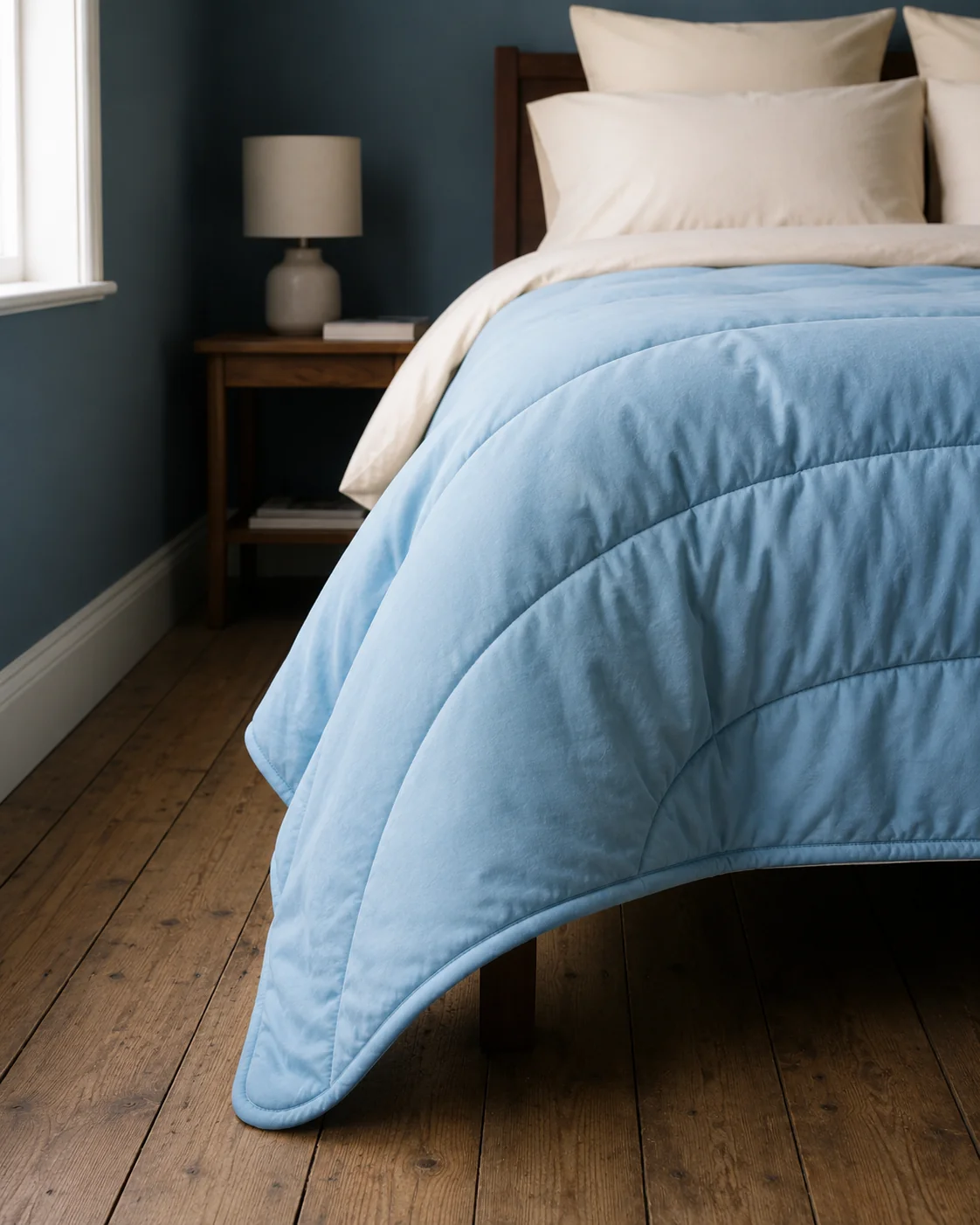 One corner of the bed with the blanket hanging down toward the floorboards.