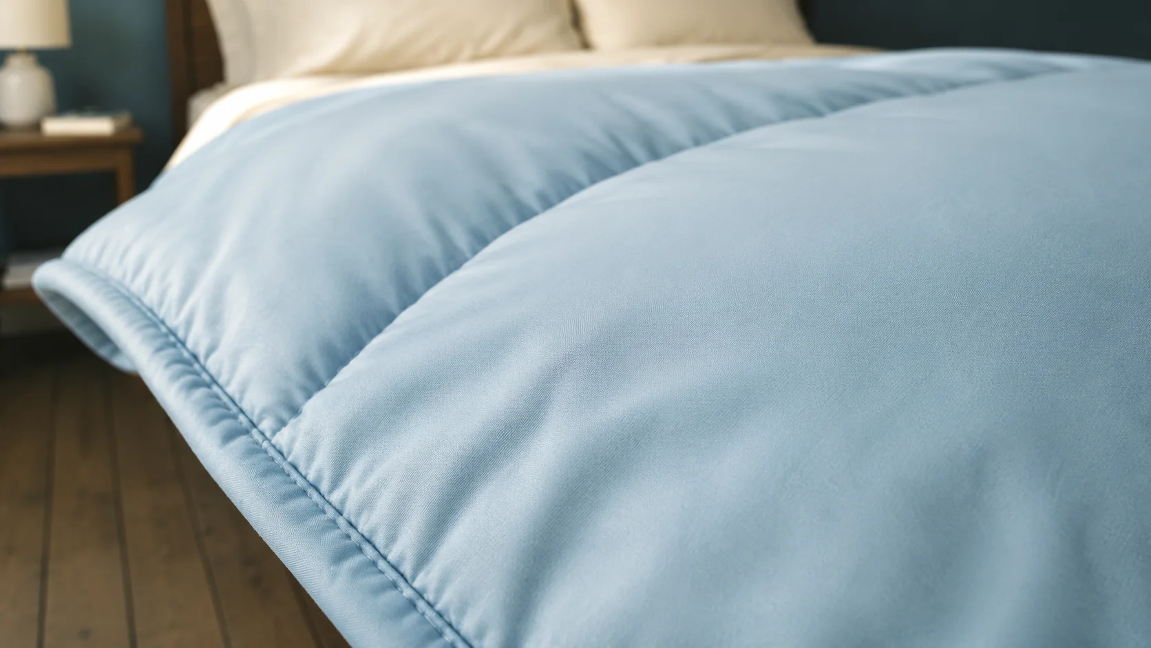 A single quilted channel of the blanket lit from the side so its relief is visible.