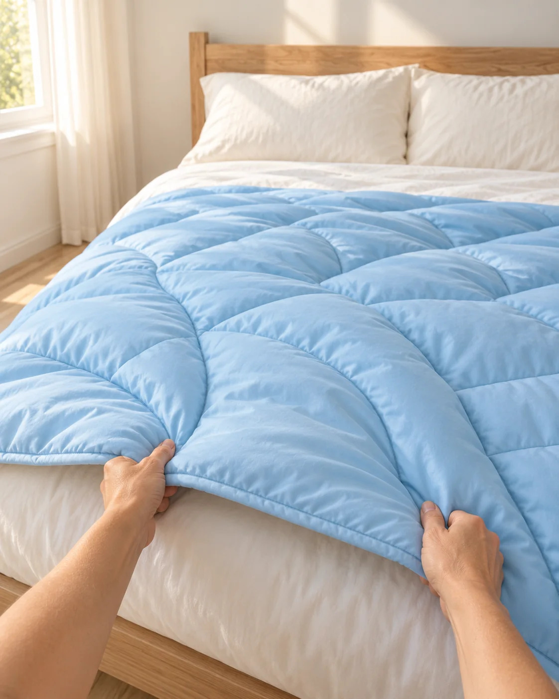 The Sky Blue Abri blanket spread across a made bed.
