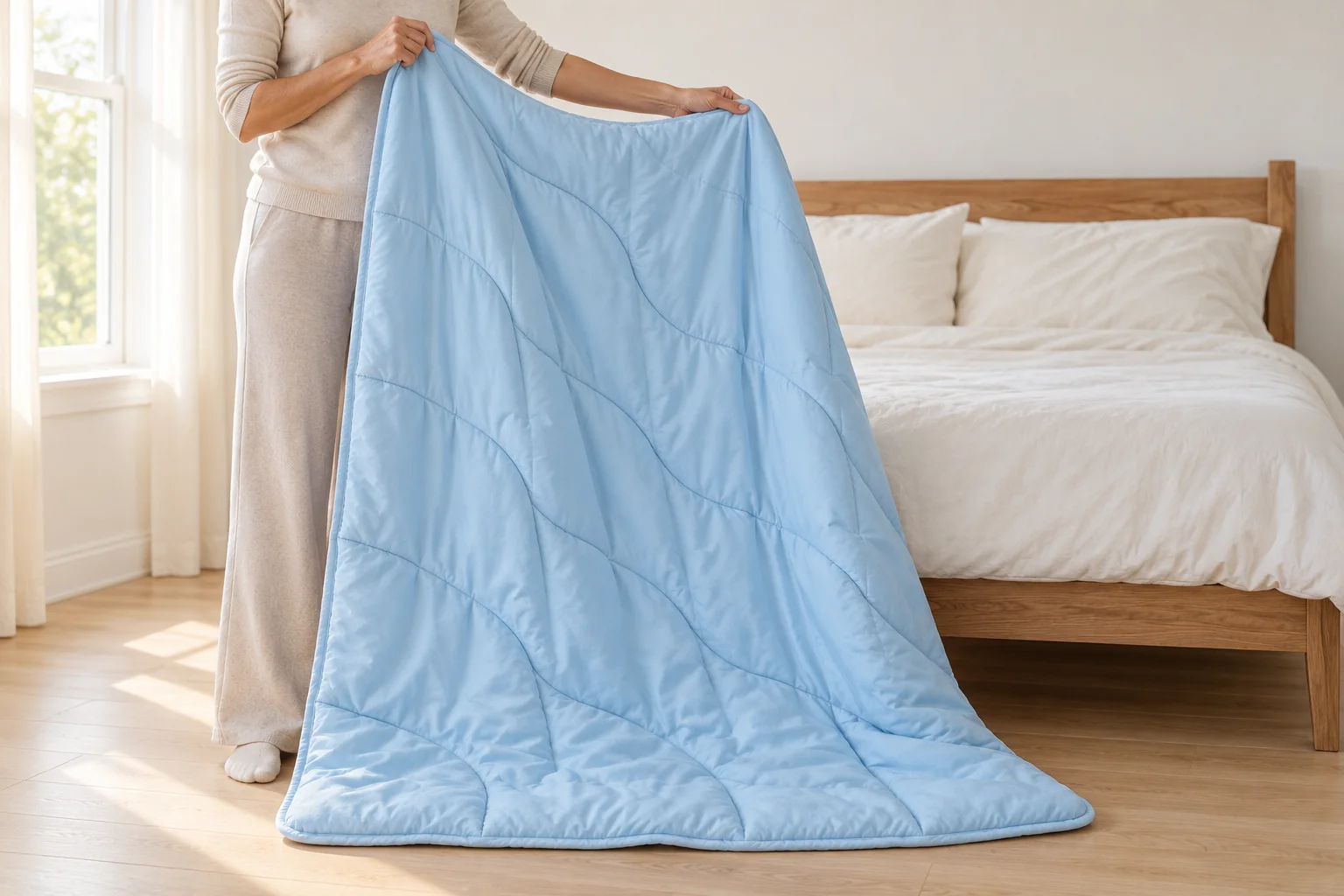 The Sky Blue blanket held up beside a person to show its scale.