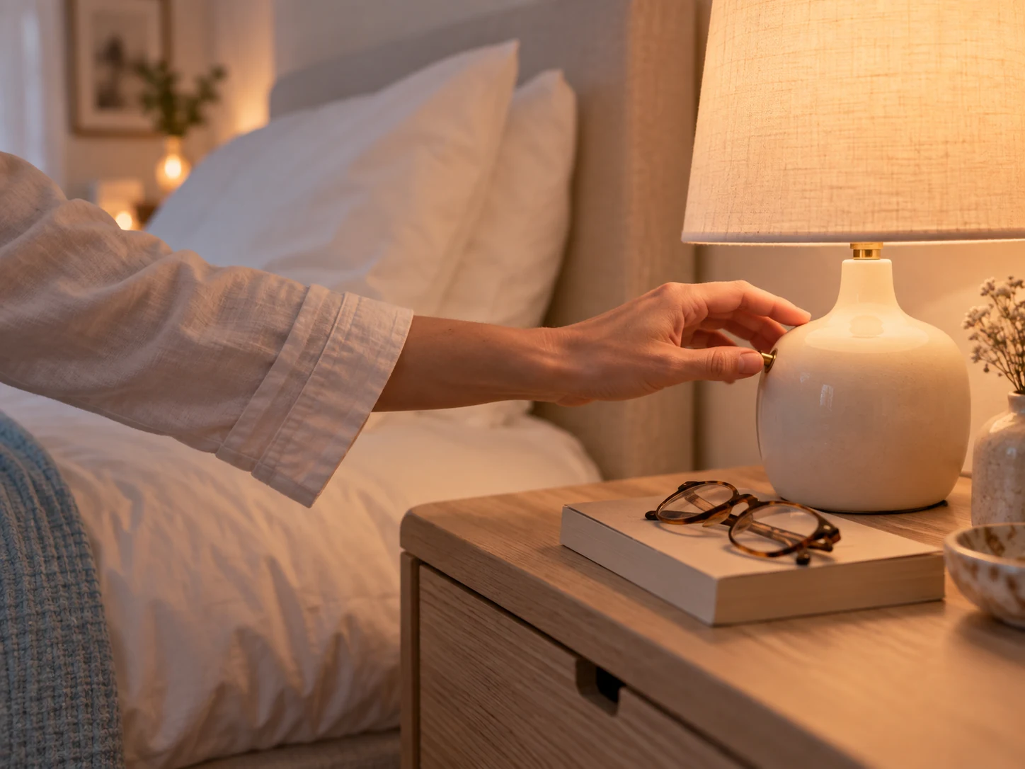 A hand switching off a bedside lamp at bedtime.